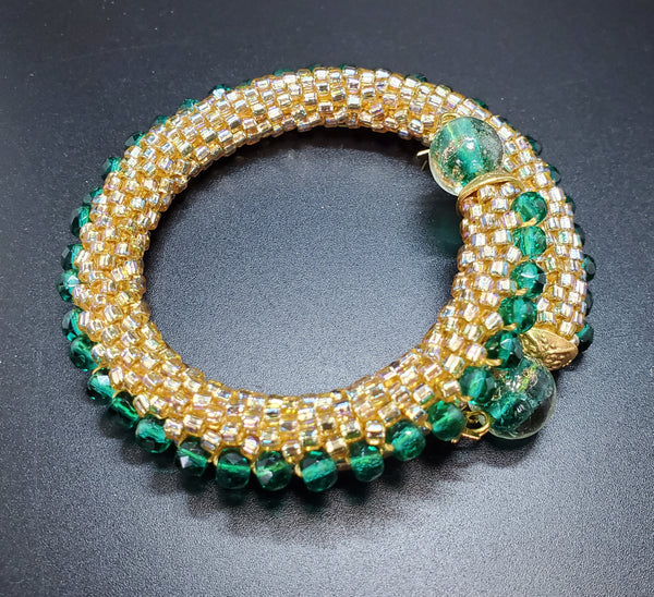Gold, Green Beaded Crochet Bangle