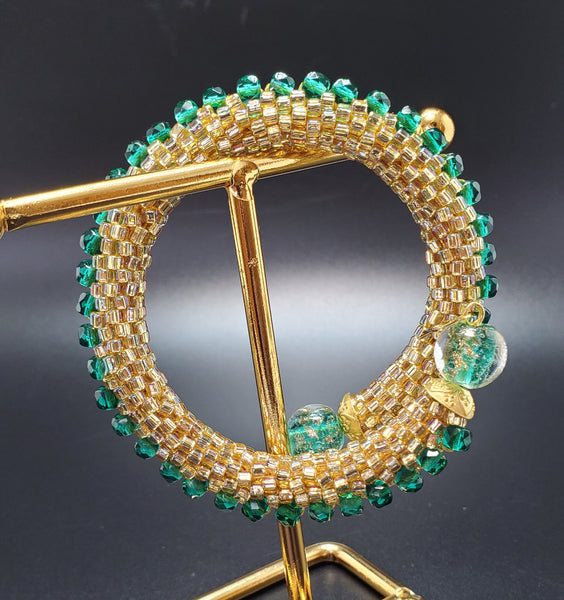 Gold, Green Beaded Crochet Bangle