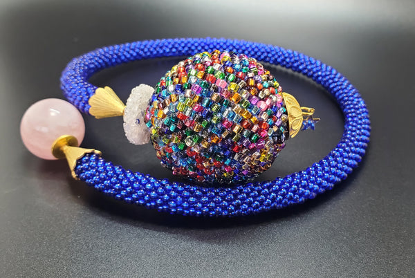 Blue Multi Glam Ball Beaded Crochet Necklace