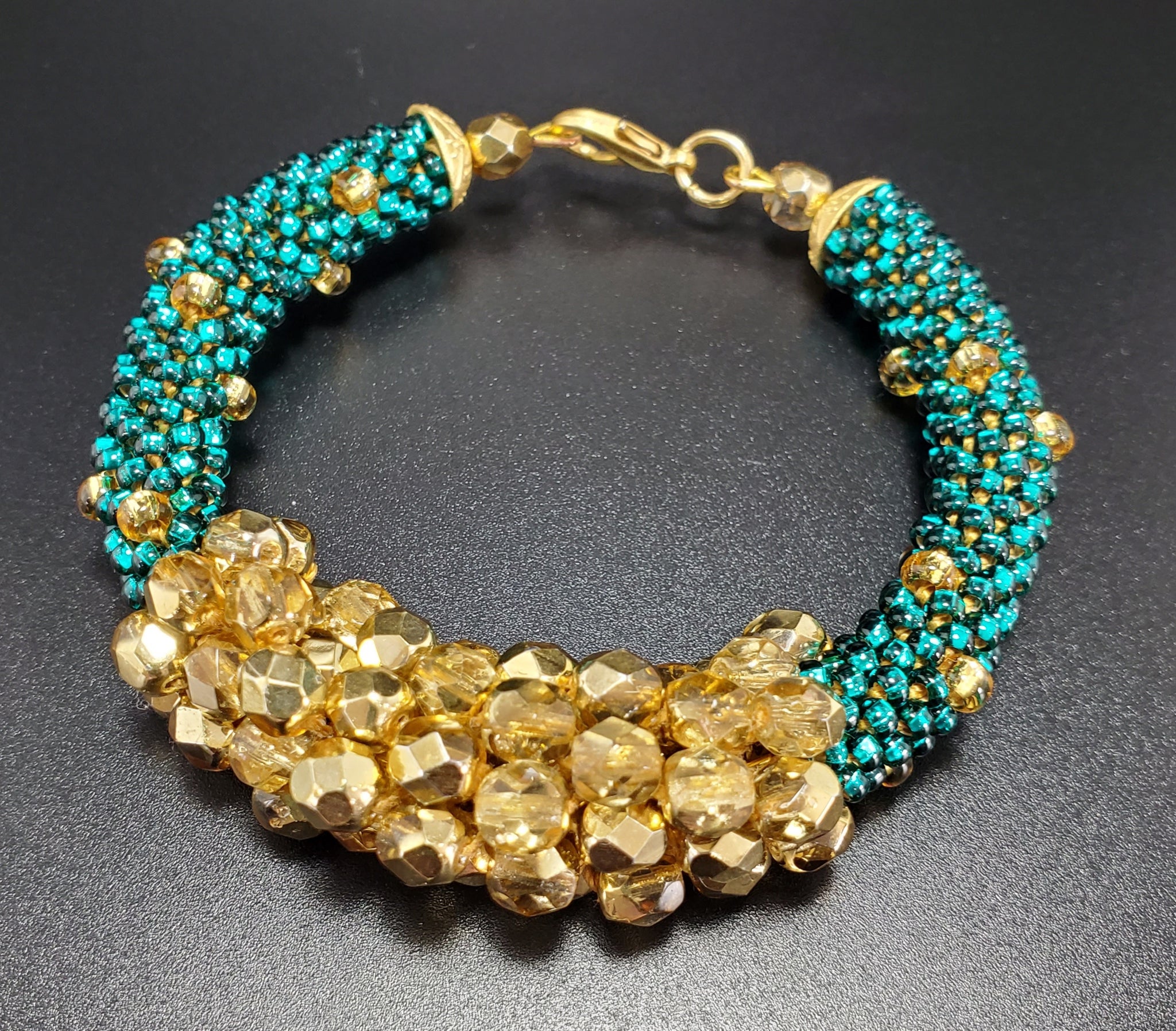 Emerald-Gold Beaded Crochet Bangle