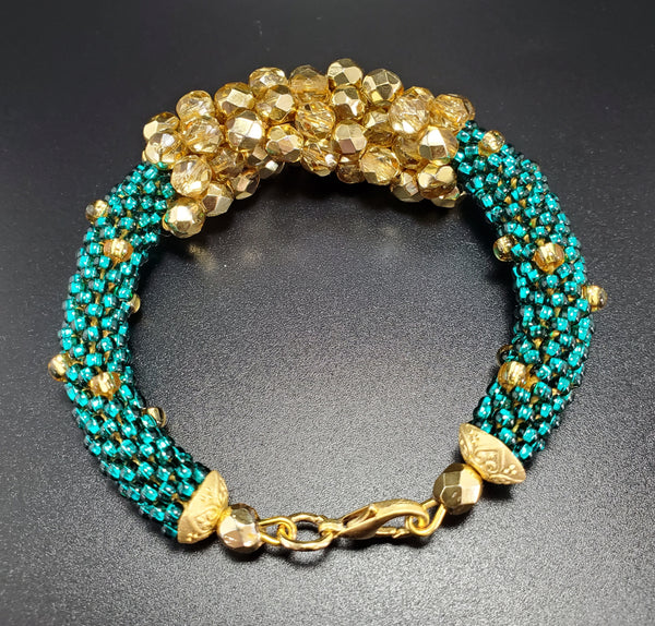 Emerald-Gold Beaded Crochet Bangle