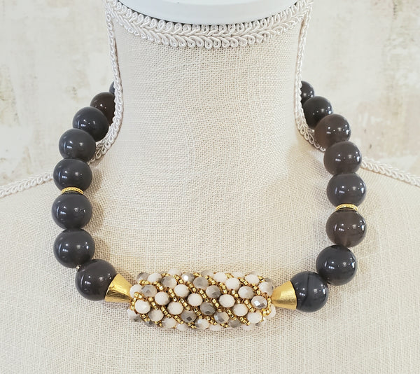 Grey Beige Glass Beads, Grey Agate Beads, 22K Gold Plated Brass, Topaz Czech Seed Beads, Woven Bar Necklace