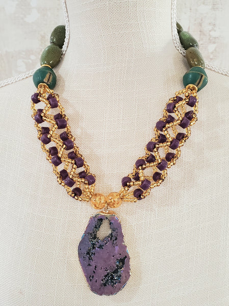 Green/Purple Gold Pltd Druzy, Purple, Green Krobo, Czech Seed, Venetian Glass, Ceramic, Necklace