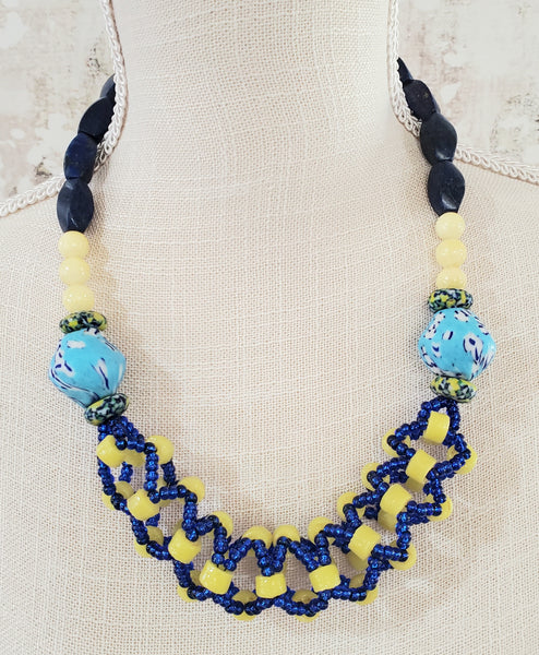 Blue/White Multi, Yellow Krobo Beads, Czech Seed, Blue Lapis, Quartzite, Brass, Woven Necklace