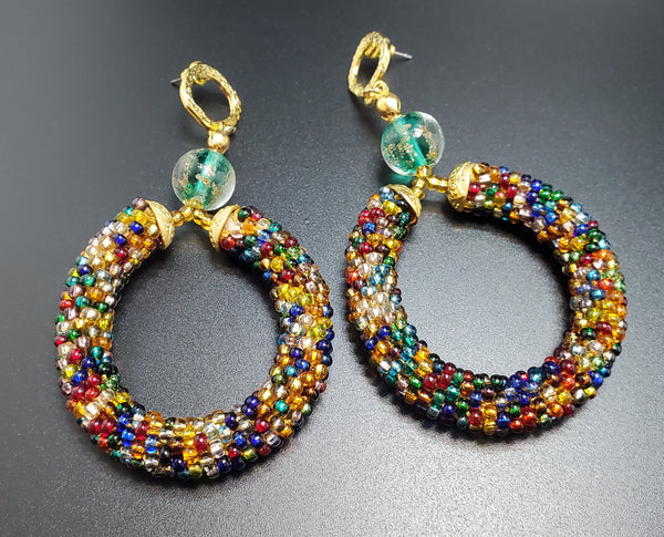 Green Lampwork Beads, Multi Czech Seed Beads, Brass, Beaded Crochet Earrings