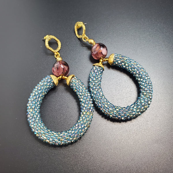 Purple Lampwork Beads, Aqua multi Czech Seed Beads, Brass, Beaded Crochet Earrings