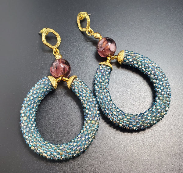 Purple Lampwork Beads, Aqua multi Czech Seed Beads, Brass, Beaded Crochet Earrings