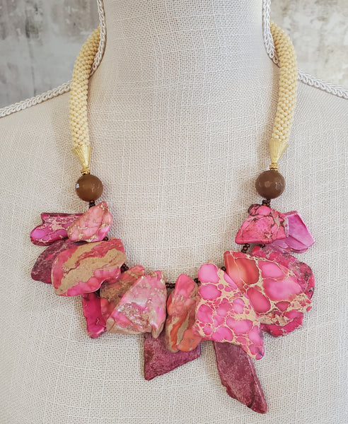 Pink/Brown Jasper Beads, Agate Beads, Czech Seed Beads, Brass, Beaded Crochet Necklace