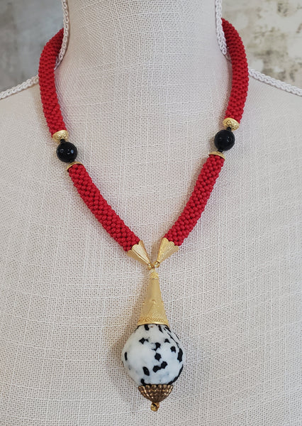 Red Black/White Flacon Beaded Crochet Necklace