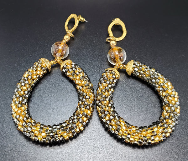 Gold Grey Hoop Beaded Crochet Earrings