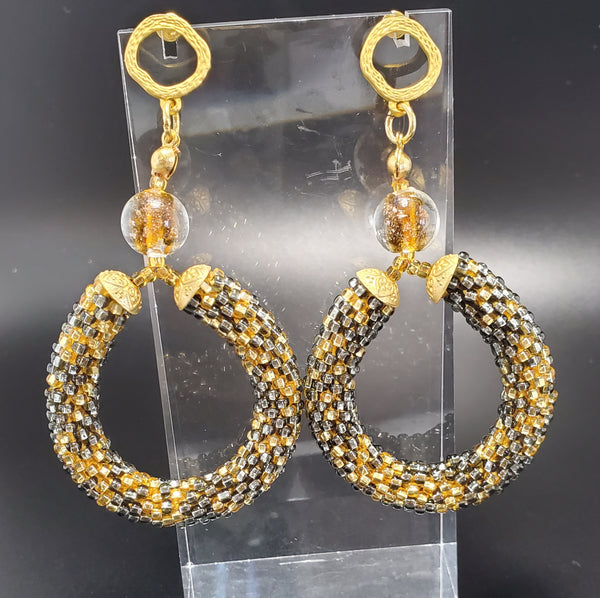 Gold Grey Hoop Beaded Crochet Earrings