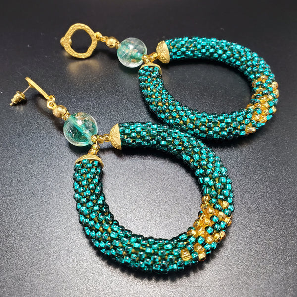 Emerald Gold Hoop Beaded Crochet Earrings