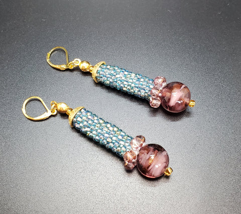 Purple Aqua Linear Beaded Crochet Earrings