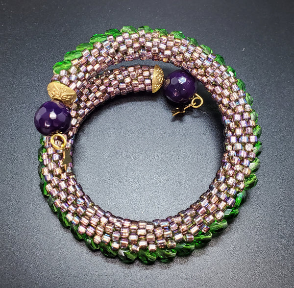 Purple blush, Green Beaded Crochet Bangle