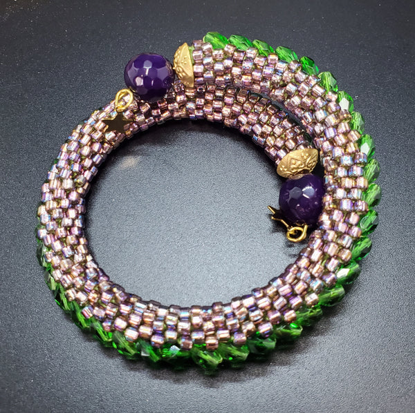 Purple blush, Green Beaded Crochet Bangle