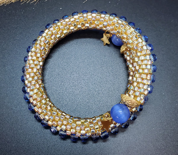 Gold, Saphire Blue Beaded Crochet Bangle