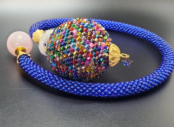Blue Multi Glam Ball Beaded Crochet Necklace