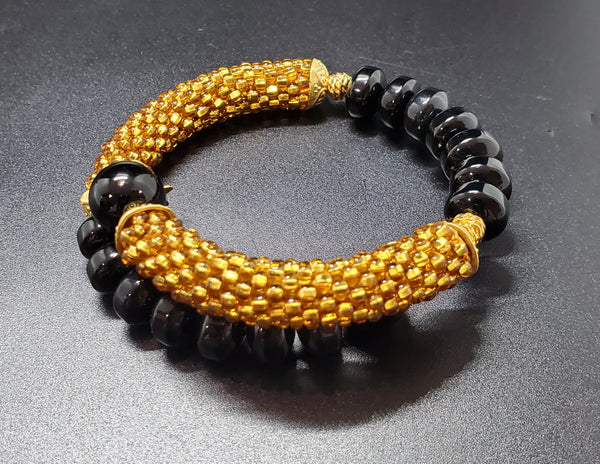 Gold-Black Beaded Crochet Bangle