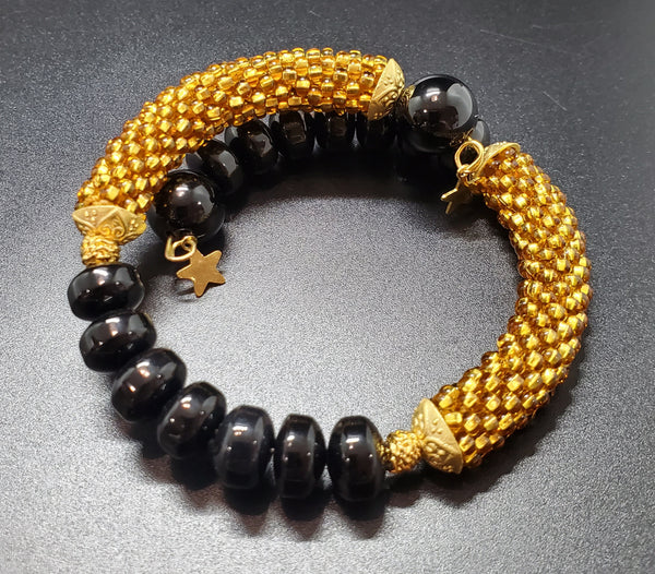 Gold-Black Beaded Crochet Bangle