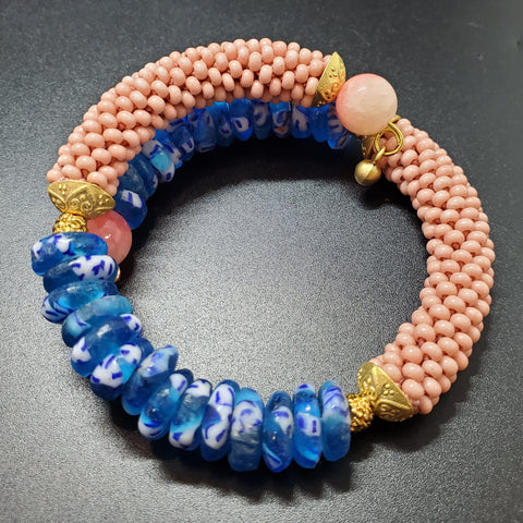 Pink-Blue Combo Beaded Crochet Bangle