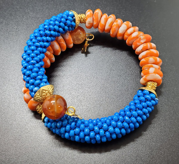 Blue - Orange Combo Beaded Crochet Bangle