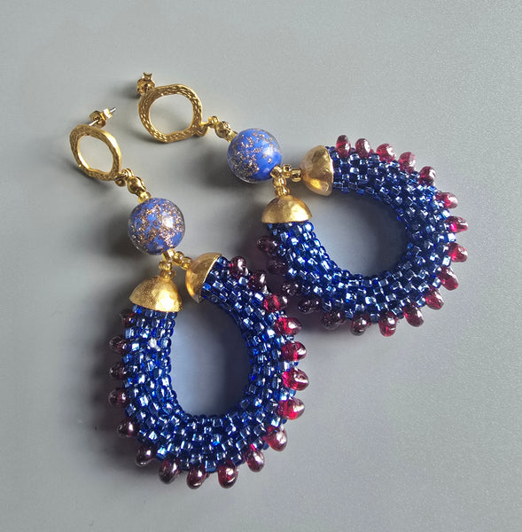 Beaded Crochet Hoop Earrings - Sapphire/Garnet