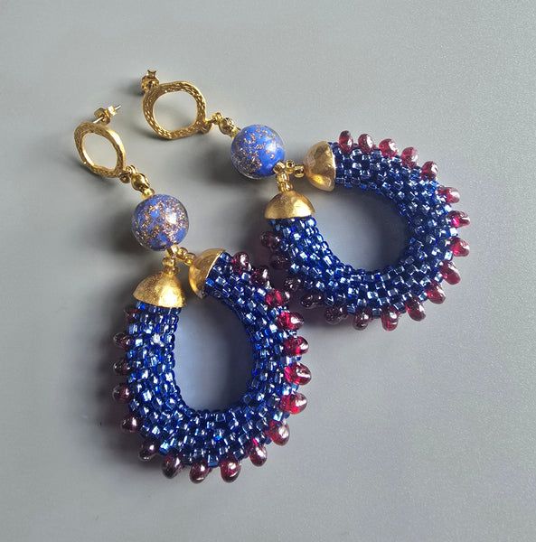 Beaded Crochet Hoop Earrings - Sapphire/Garnet