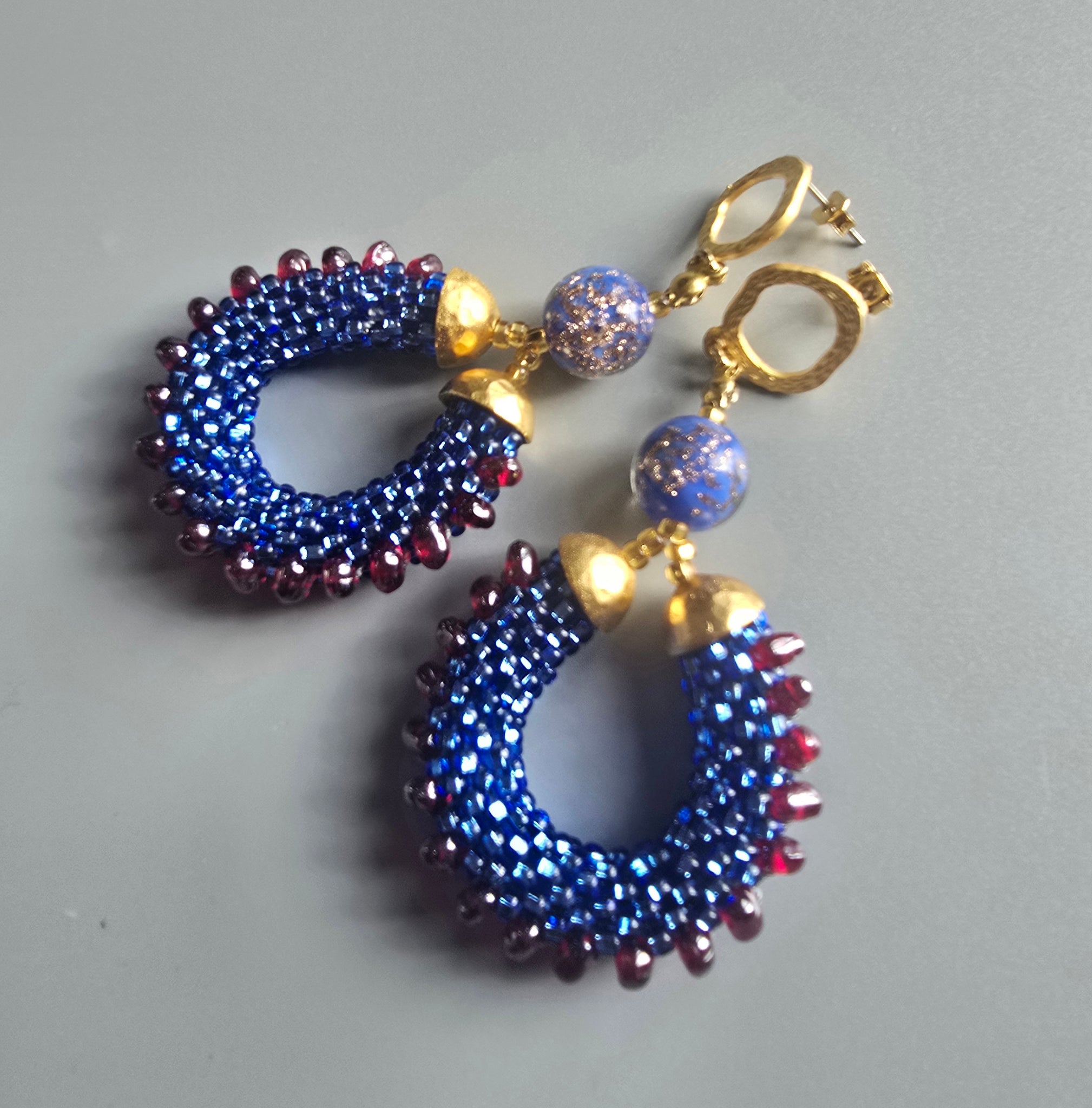 Beaded Crochet Hoop Earrings - Sapphire/Garnet