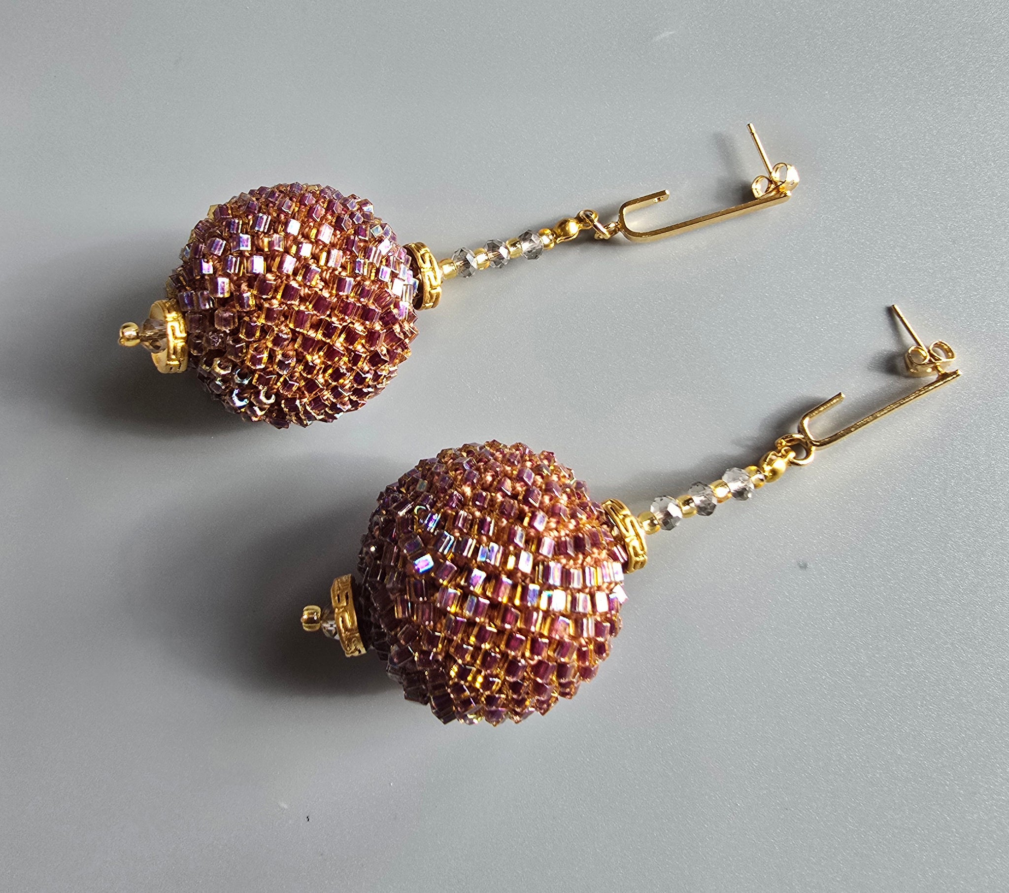 Beaded Crochet Ball Earrings - Berry