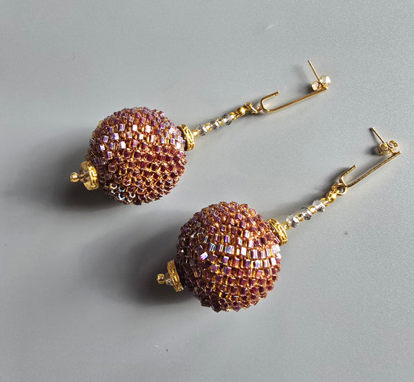 Beaded Crochet Ball Earrings - Berry
