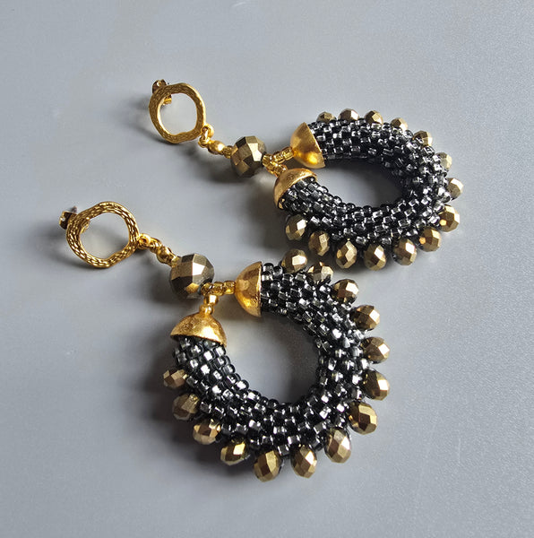 Beaded Crochet Hoop Earrings - Pewter/Gold