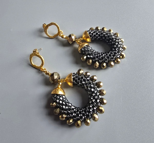 Beaded Crochet Hoop Earrings - Pewter/Gold