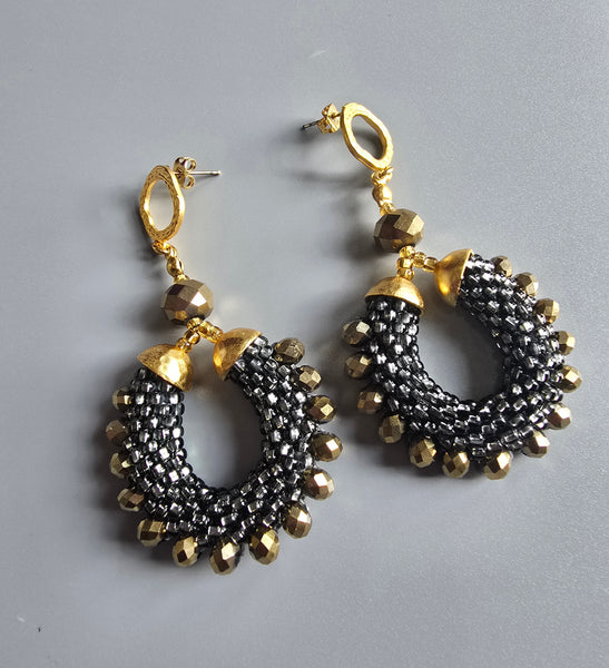Beaded Crochet Hoop Earrings - Pewter/Gold