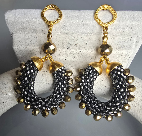 Beaded Crochet Hoop Earrings - Pewter/Gold