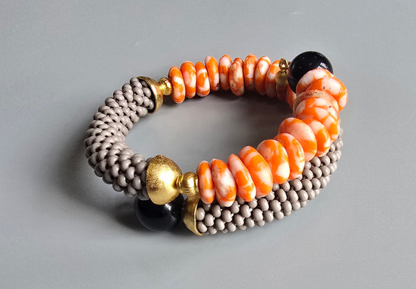 Krobo Combo Beaded Crochet Bangle - Grey/Orange Multi
