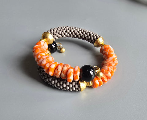 Krobo Combo Beaded Crochet Bangle - Grey/Orange Multi