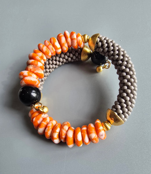 Krobo Combo Beaded Crochet Bangle - Grey/Orange Multi