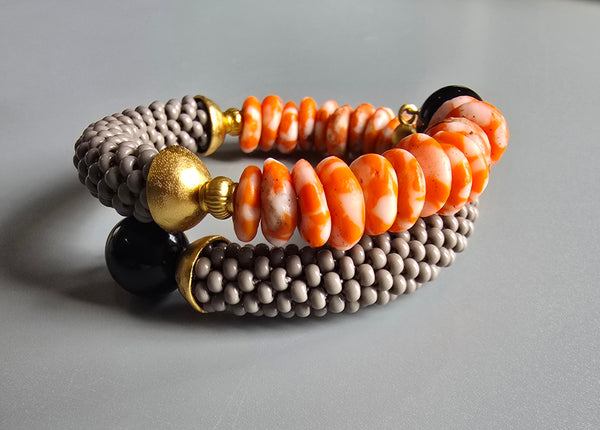Krobo Combo Beaded Crochet Bangle - Grey/Orange Multi