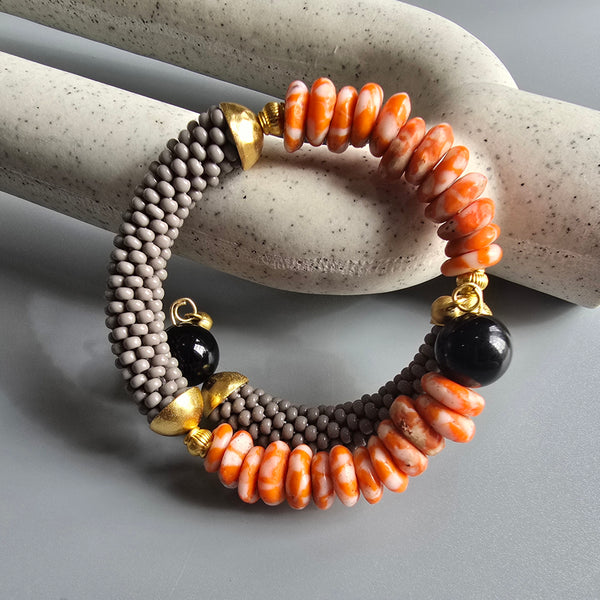 Krobo Combo Beaded Crochet Bangle - Grey/Orange Multi