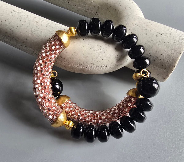 Onyx Combo Beaded Crochet Bangle - Champagne/Black