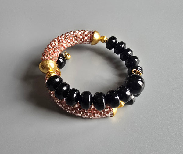 Onyx Combo Beaded Crochet Bangle - Champagne/Black