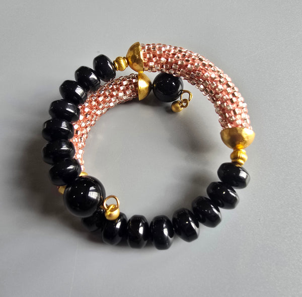 Onyx Combo Beaded Crochet Bangle - Champagne/Black