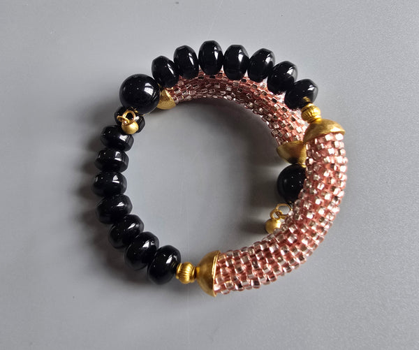Onyx Combo Beaded Crochet Bangle - Champagne/Black