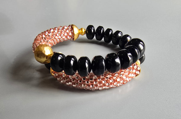 Onyx Combo Beaded Crochet Bangle - Champagne/Black