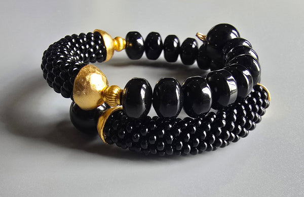 Onyx Combo Beaded Crochet Bangle - Black