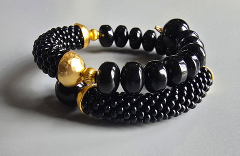 Onyx Combo Beaded Crochet Bangle - Black