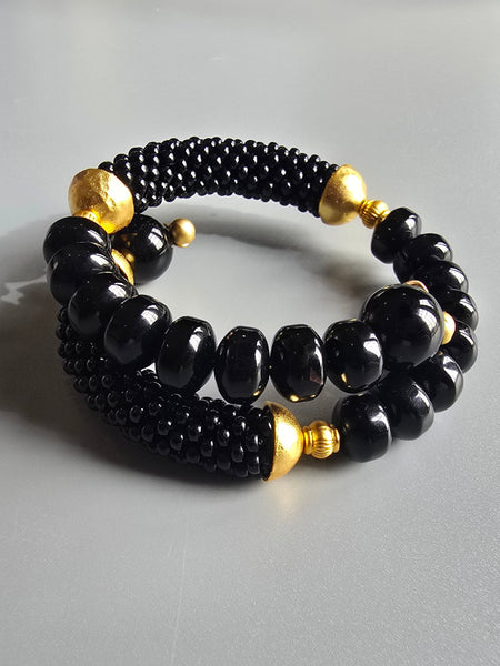 Onyx Combo Beaded Crochet Bangle - Black