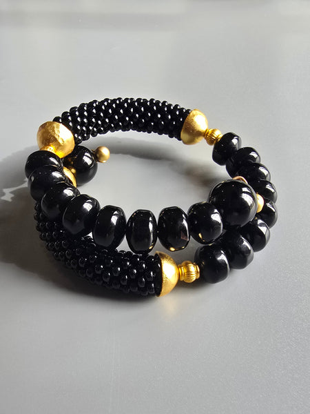 Onyx Combo Beaded Crochet Bangle - Black