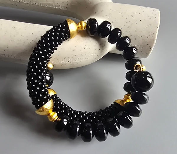 Onyx Combo Beaded Crochet Bangle - Black