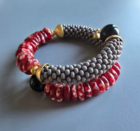 Krobo Combo Beaded Crochet Bangle - Grey/Red Multi